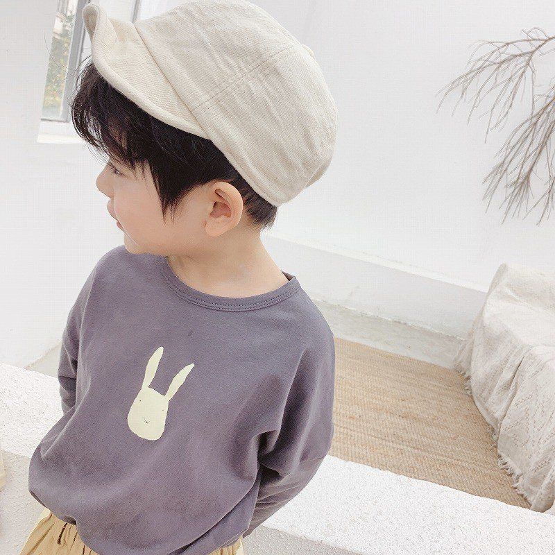 カットソー トップス 子供用 キッズ 女の子 男の子 長袖 ロンT クルーネック ドロップショルダー うさぎ イラスト かわいい グレー