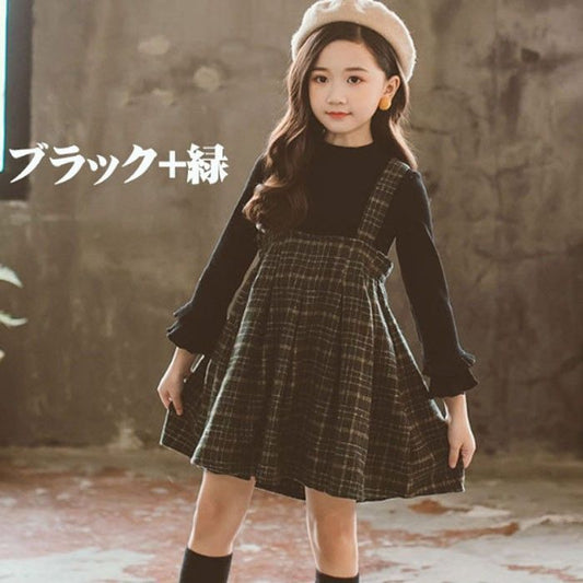 2点セット ワンピース ニット ジャンパースカート長袖 子どもドレス ワンピース 入学式 スーツ 女の子 卒園式 子供服 スーツ 女の子 トップス サロペット チェック yjfs01