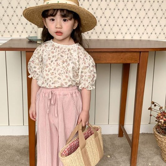 キッズ 上下セット 女の子 セットアップ 子供服 花柄 tシャツ 半袖tシャツ クルーネック ウエストゴム ワイドパンツ ストライプ柄 ポケット付き 子供 ベビー 子ども ベビー服 韓国風 夏 かわいい おしゃれ
