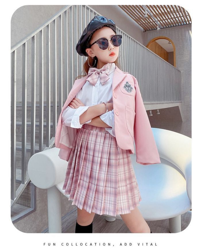 上下セット スーツ 女の子 セットアップ キッズ 卒業式 入学式 卒園式 ジャケット スカート シャツ チェック柄 子供服 子供 長袖 子ども 小学校 七五三 韓国子供服 オシャレ ピンク ブルー JK 春