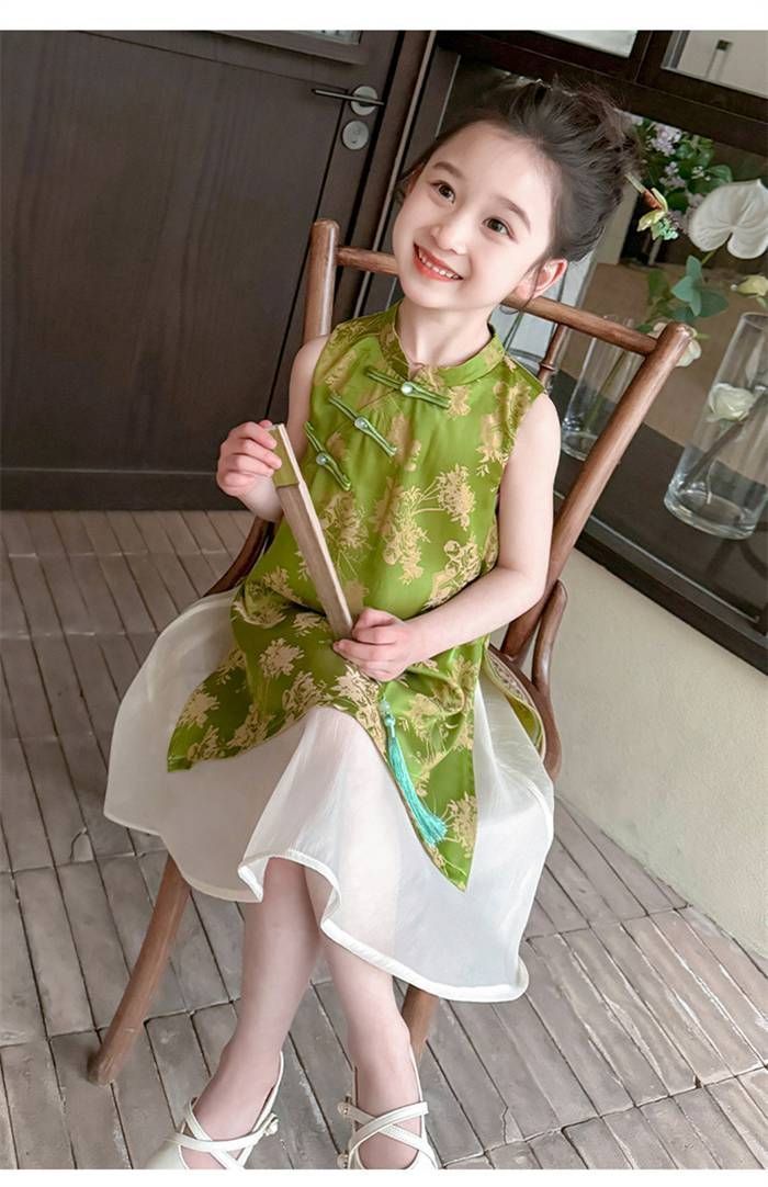 ワンピース 子供服 ノースリーブ裾 子供服 女の子 チュール 中華風ワンピース ドレス キッズ 女児 小学生 キッズ 可愛い おしゃれ カジュア