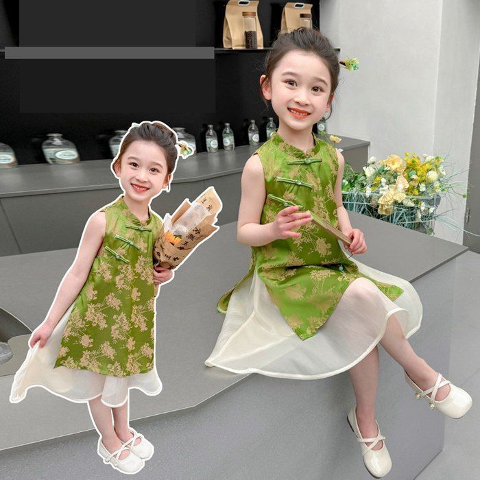 ワンピース 子供服 ノースリーブ裾 子供服 女の子 チュール 中華風ワンピース ドレス キッズ 女児 小学生 キッズ 可愛い おしゃれ カジュア