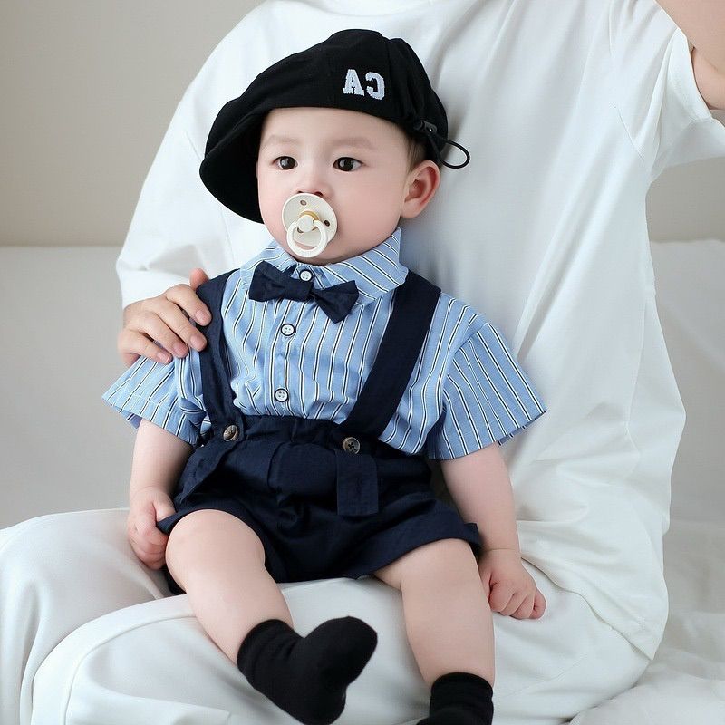 韓国 ベビー服 子供服 セットアップ 2点セット 上下セット ストライプシャツ サロペット パンツ トップス リボン付