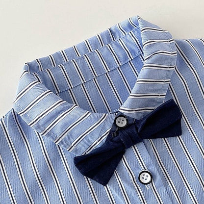 韓国 ベビー服 子供服 セットアップ 2点セット 上下セット ストライプシャツ サロペット パンツ トップス リボン付