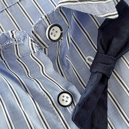 韓国 ベビー服 子供服 セットアップ 2点セット 上下セット ストライプシャツ サロペット パンツ トップス リボン付