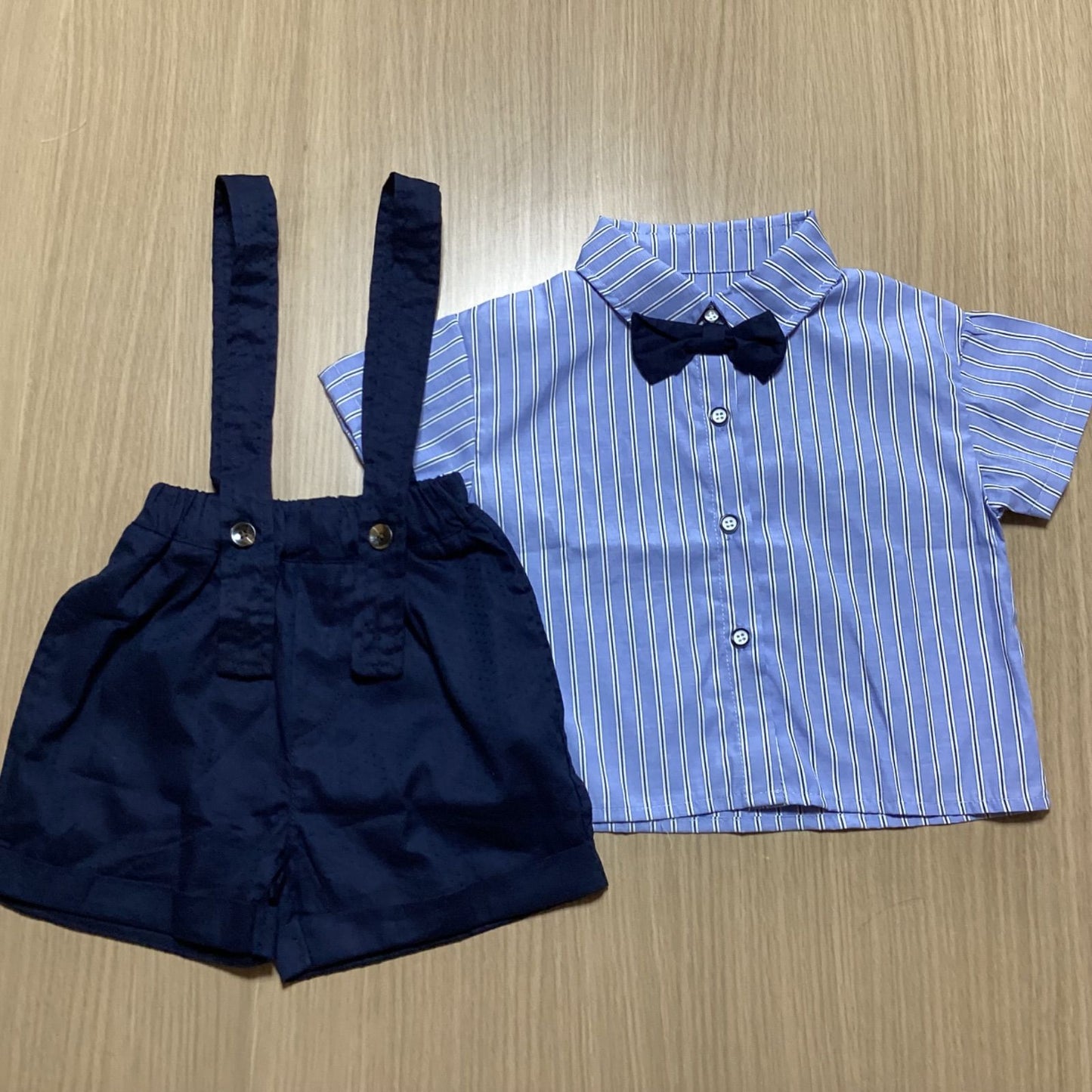 韓国 ベビー服 子供服 セットアップ 2点セット 上下セット ストライプシャツ サロペット パンツ トップス リボン付