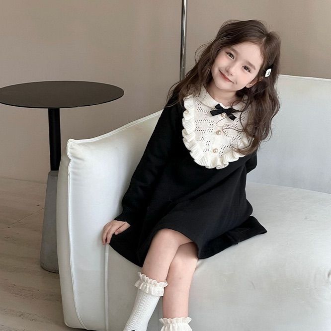 韓国 子供服 キッズ ガールズ ワンピース フリル襟 長袖 リボン ブラック フォーマル ニット素材 お出掛け おしゃれ お祝い LANMOMO
