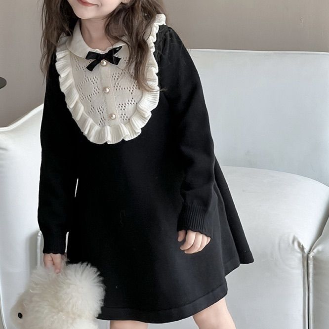 韓国 子供服 キッズ ガールズ ワンピース フリル襟 長袖 リボン ブラック フォーマル ニット素材 お出掛け おしゃれ お祝い LANMOMO