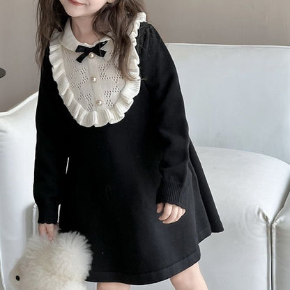 韓国 子供服 キッズ ガールズ ワンピース フリル襟 長袖 リボン ブラック フォーマル ニット素材 お出掛け おしゃれ お祝い LANMOMO