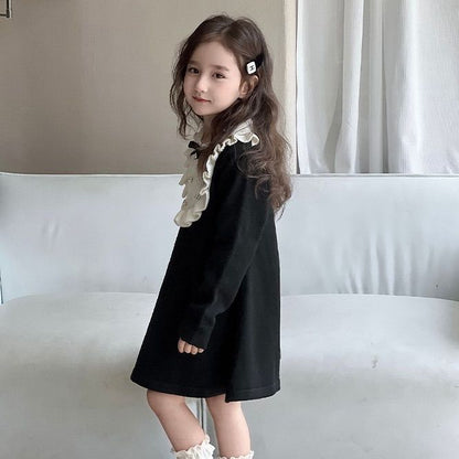 韓国 子供服 キッズ ガールズ ワンピース フリル襟 長袖 リボン ブラック フォーマル ニット素材 お出掛け おしゃれ お祝い LANMOMO