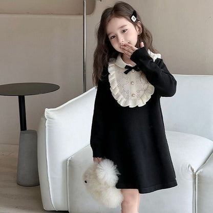 韓国 子供服 キッズ ガールズ ワンピース フリル襟 長袖 リボン ブラック フォーマル ニット素材 お出掛け おしゃれ お祝い LANMOMO