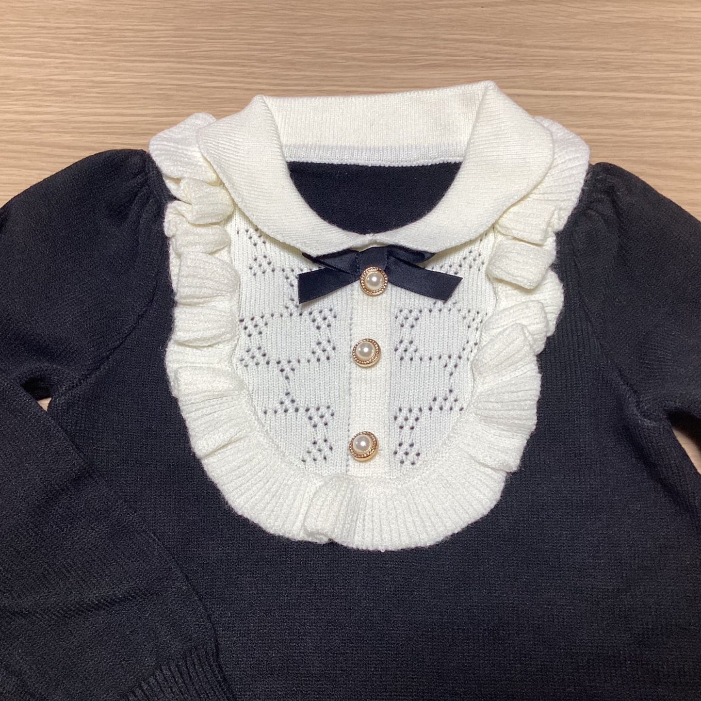 韓国 子供服 キッズ ガールズ ワンピース フリル襟 長袖 リボン ブラック フォーマル ニット素材 お出掛け おしゃれ お祝い LANMOMO