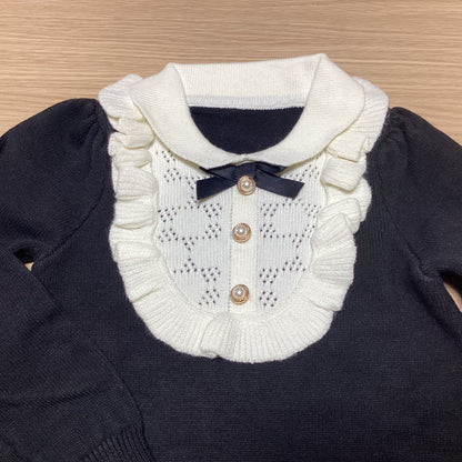 韓国 子供服 キッズ ガールズ ワンピース フリル襟 長袖 リボン ブラック フォーマル ニット素材 お出掛け おしゃれ お祝い LANMOMO