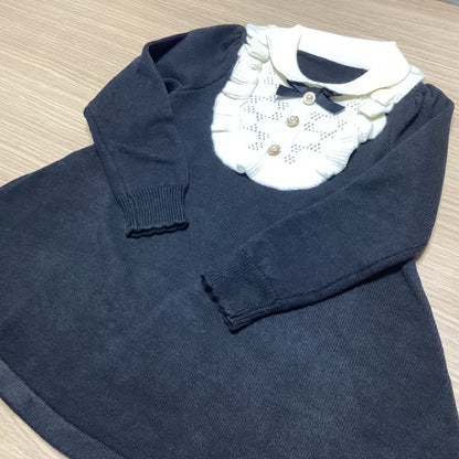 韓国 子供服 キッズ ガールズ ワンピース フリル襟 長袖 リボン ブラック フォーマル ニット素材 お出掛け おしゃれ お祝い LANMOMO