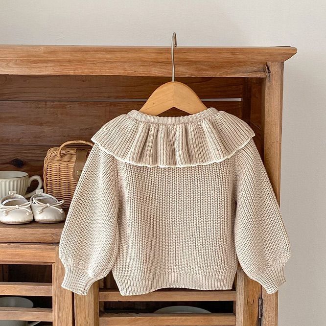 韓国 キッズ ベビー 子供服 長袖 カーディガン アウター ニット フリル襟 かわいい お出掛け フォーマル 上着 ベージュ