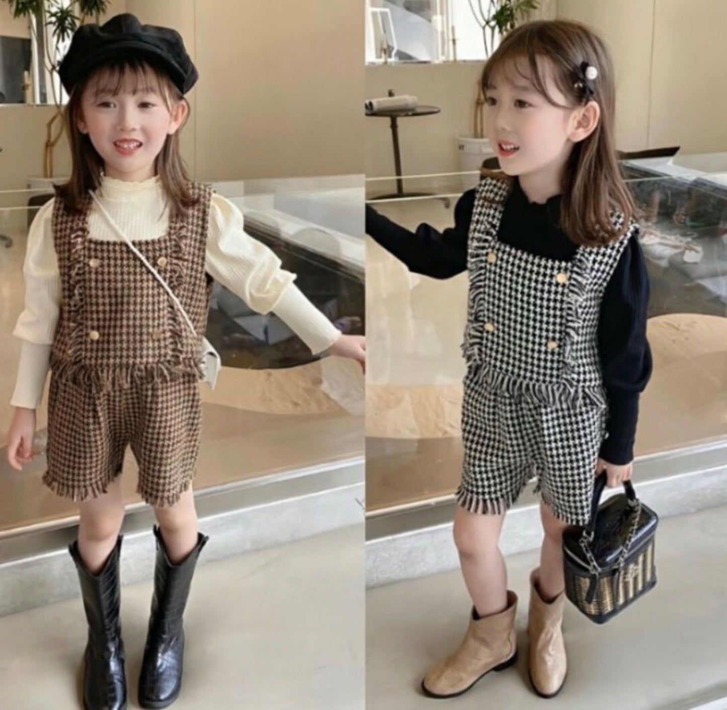 韓国 子供服 女の子 3点セット パンツ ベスト タートルネック トップス インナー 長袖 秋冬 ツイード風 ビスチェ セットアップ 上下セット