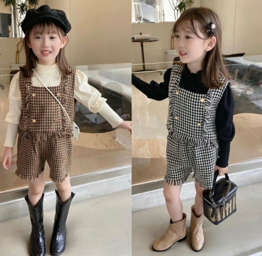 韓国 子供服 女の子 3点セット パンツ ベスト タートルネック トップス インナー 長袖 秋冬 ツイード風 ビスチェ セットアップ 上下セット