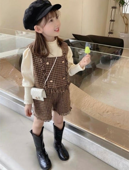 韓国 子供服 女の子 3点セット パンツ ベスト タートルネック トップス インナー 長袖 秋冬 ツイード風 ビスチェ セットアップ 上下セット