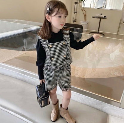 韓国 子供服 女の子 3点セット パンツ ベスト タートルネック トップス インナー 長袖 秋冬 ツイード風 ビスチェ セットアップ 上下セット
