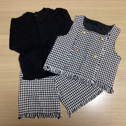 韓国 子供服 女の子 3点セット パンツ ベスト タートルネック トップス インナー 長袖 秋冬 ツイード風 ビスチェ セットアップ 上下セット