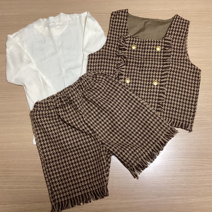 韓国 子供服 女の子 3点セット パンツ ベスト タートルネック トップス インナー 長袖 秋冬 ツイード風 ビスチェ セットアップ 上下セット