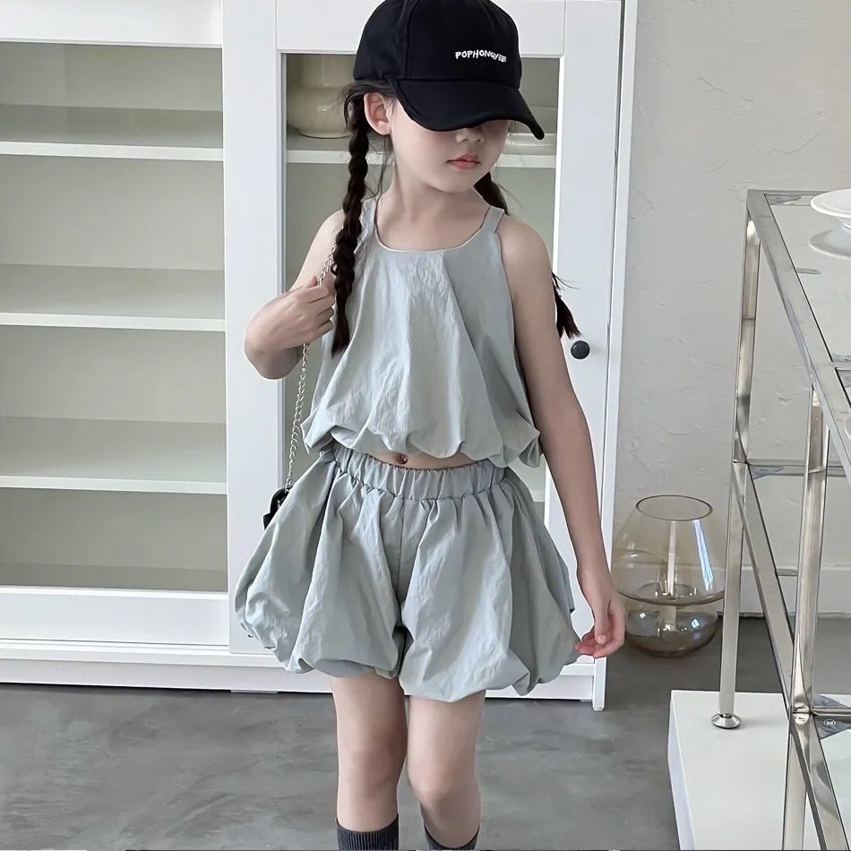 韓国 子供服 キッズ ガール 女の子 かっこいい かわいい ヘソ出し へそ出し 2点セット 上下セット セットアップ グレー スカート バルーンスカート キャミソール 140cm