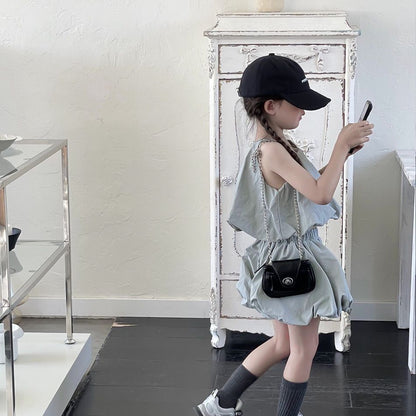 韓国 子供服 キッズ ガール 女の子 かっこいい かわいい ヘソ出し へそ出し 2点セット 上下セット セットアップ グレー スカート バルーンスカート キャミソール 140cm