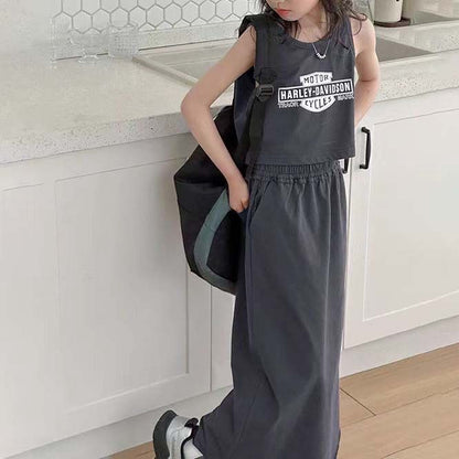 韓国 子供服 キッズ 女の子 ガール レッド グレー セットアップ 2点セット 上下セット ロングスカート ノースリーブ 半袖 タンクトップ ロゴT かっこいい ヘソ出し へそ出し 140cm 150cm