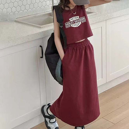 韓国 子供服 キッズ 女の子 ガール レッド グレー セットアップ 2点セット 上下セット ロングスカート ノースリーブ 半袖 タンクトップ ロゴT かっこいい ヘソ出し へそ出し 140cm 150cm