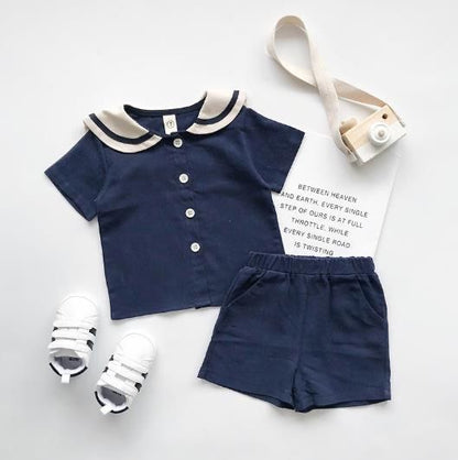 韓国 海外 輸入 子ども服 キッズ ベビー服 セットアップ 2点セット 上下セット 半袖 短パン 半ズボン セーラー服 セーラー襟 丸襟 ベージュ ネイビー パンツ ズボン トップス シャツ 男女兼用 女の子 男の子 おそろい 姉妹 兄弟