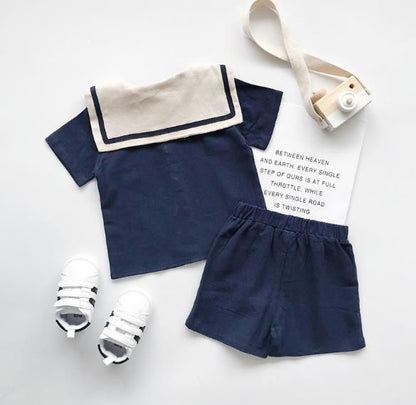 韓国 海外 輸入 子ども服 キッズ ベビー服 セットアップ 2点セット 上下セット 半袖 短パン 半ズボン セーラー服 セーラー襟 丸襟 ベージュ ネイビー パンツ ズボン トップス シャツ 男女兼用 女の子 男の子 おそろい 姉妹 兄弟