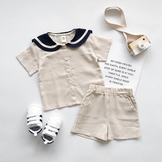 韓国 海外 輸入 子ども服 キッズ ベビー服 セットアップ 2点セット 上下セット 半袖 短パン 半ズボン セーラー服 セーラー襟 丸襟 ベージュ ネイビー パンツ ズボン トップス シャツ 男女兼用 女の子 男の子 おそろい 姉妹 兄弟