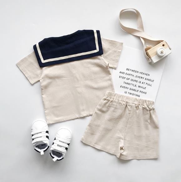 韓国 海外 輸入 子ども服 キッズ ベビー服 セットアップ 2点セット 上下セット 半袖 短パン 半ズボン セーラー服 セーラー襟 丸襟 ベージュ ネイビー パンツ ズボン トップス シャツ 男女兼用 女の子 男の子 おそろい 姉妹 兄弟
