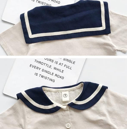 韓国 海外 輸入 子ども服 キッズ ベビー服 セットアップ 2点セット 上下セット 半袖 短パン 半ズボン セーラー服 セーラー襟 丸襟 ベージュ ネイビー パンツ ズボン トップス シャツ 男女兼用 女の子 男の子 おそろい 姉妹 兄弟