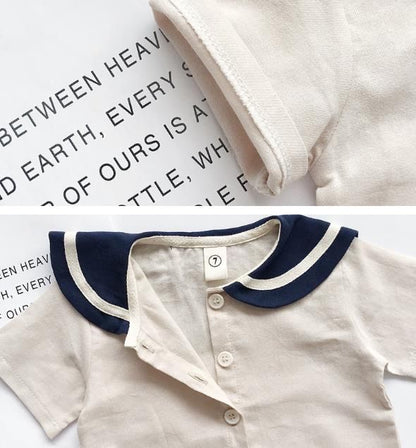 韓国 海外 輸入 子ども服 キッズ ベビー服 セットアップ 2点セット 上下セット 半袖 短パン 半ズボン セーラー服 セーラー襟 丸襟 ベージュ ネイビー パンツ ズボン トップス シャツ 男女兼用 女の子 男の子 おそろい 姉妹 兄弟