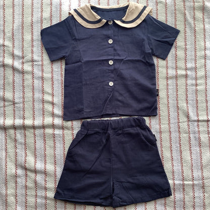韓国 海外 輸入 子ども服 キッズ ベビー服 セットアップ 2点セット 上下セット 半袖 短パン 半ズボン セーラー服 セーラー襟 丸襟 ベージュ ネイビー パンツ ズボン トップス シャツ 男女兼用 女の子 男の子 おそろい 姉妹 兄弟