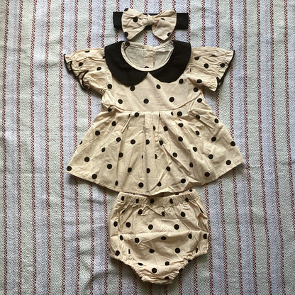 韓国 キッズ 子ども服 ベビー 赤ちゃん ワンピース チュニック トップス ロンパース おむつカバー ブルマ ドット 半袖 リボン ヘアバンド付き インナーパンツ付き パンツ お出掛け 記念写真 記念撮影 誕生日 お祝い パーティー 80cm 70cm