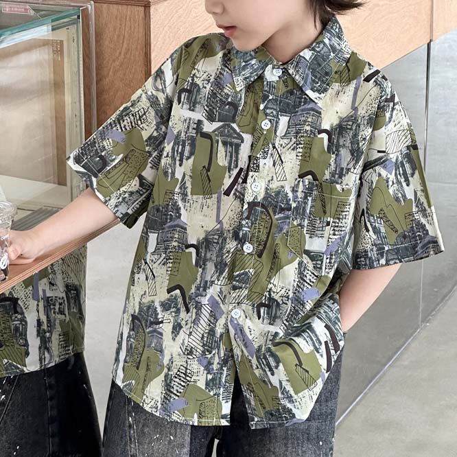 韓国 海外 輸入 子供服 キッズ 男の子 男子 おしゃれ 柄シャツ 緑 グリーン 幾何学 アロハシャツ タイダイ トップス 半袖 シャツ 130cm 140cm150cm
