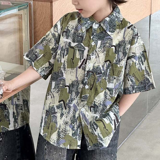 韓国 海外 輸入 子供服 キッズ 男の子 男子 おしゃれ 柄シャツ 緑 グリーン 幾何学 アロハシャツ タイダイ トップス 半袖 シャツ 130cm 140cm150cm