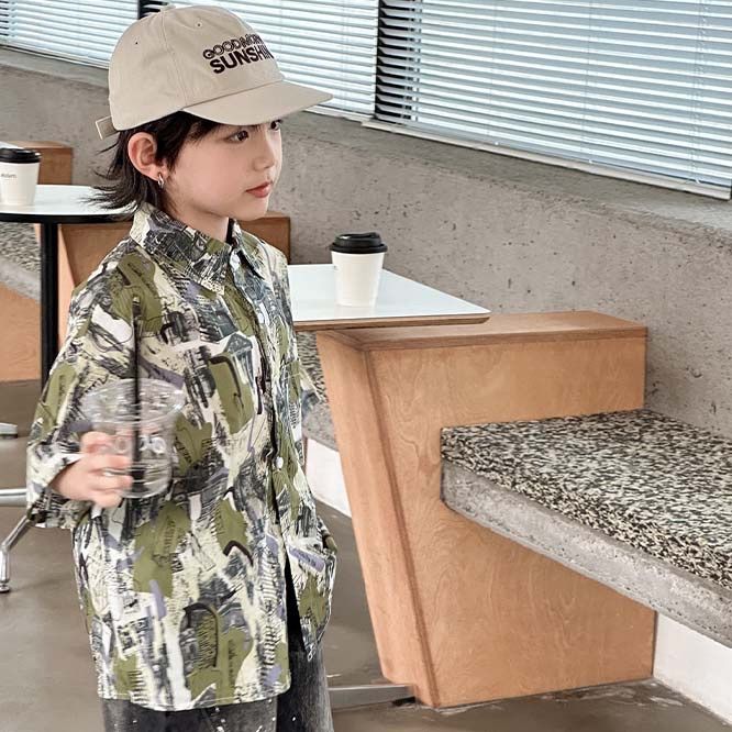 韓国 海外 輸入 子供服 キッズ 男の子 男子 おしゃれ 柄シャツ 緑 グリーン 幾何学 アロハシャツ タイダイ トップス 半袖 シャツ 130cm 140cm150cm