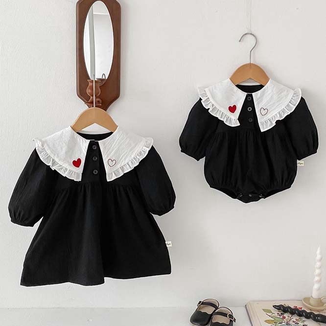 韓国 海外 輸入 赤ちゃん ベビー服 子ども キッズ ワンピース スカート ロンパース おしゃれ襟 レース ハート ブラック 長袖 フォーマル 結婚式 発表会 お宮参り 七五三 百日祝い 記念写真 お出掛け お祝い パーティー 70cm 75cm 80cm