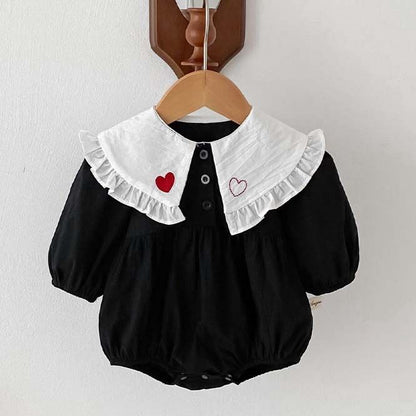 韓国 海外 輸入 赤ちゃん ベビー服 子ども キッズ ワンピース スカート ロンパース おしゃれ襟 レース ハート ブラック 長袖 フォーマル 結婚式 発表会 お宮参り 七五三 百日祝い 記念写真 お出掛け お祝い パーティー 70cm 75cm 80cm