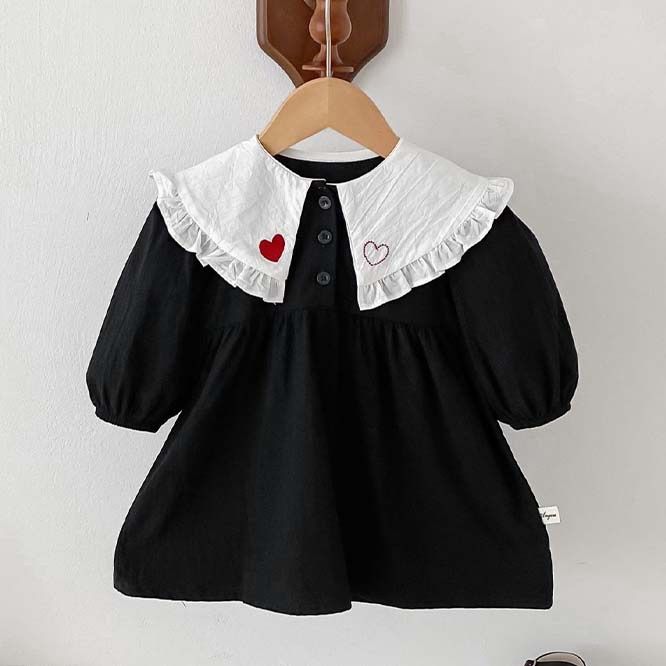 韓国 海外 輸入 赤ちゃん ベビー服 子ども キッズ ワンピース スカート ロンパース おしゃれ襟 レース ハート ブラック 長袖 フォーマル 結婚式 発表会 お宮参り 七五三 百日祝い 記念写真 お出掛け お祝い パーティー 70cm 75cm 80cm