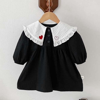 韓国 海外 輸入 赤ちゃん ベビー服 子ども キッズ ワンピース スカート ロンパース おしゃれ襟 レース ハート ブラック 長袖 フォーマル 結婚式 発表会 お宮参り 七五三 百日祝い 記念写真 お出掛け お祝い パーティー 70cm 75cm 80cm