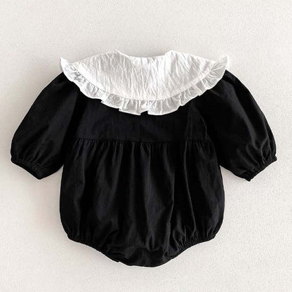 韓国 海外 輸入 赤ちゃん ベビー服 子ども キッズ ワンピース スカート ロンパース おしゃれ襟 レース ハート ブラック 長袖 フォーマル 結婚式 発表会 お宮参り 七五三 百日祝い 記念写真 お出掛け お祝い パーティー 70cm 75cm 80cm