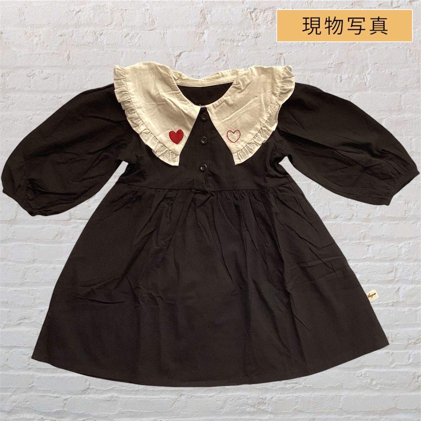 韓国 海外 輸入 赤ちゃん ベビー服 子ども キッズ ワンピース スカート ロンパース おしゃれ襟 レース ハート ブラック 長袖 フォーマル 結婚式 発表会 お宮参り 七五三 百日祝い 記念写真 お出掛け お祝い パーティー 70cm 75cm 80cm