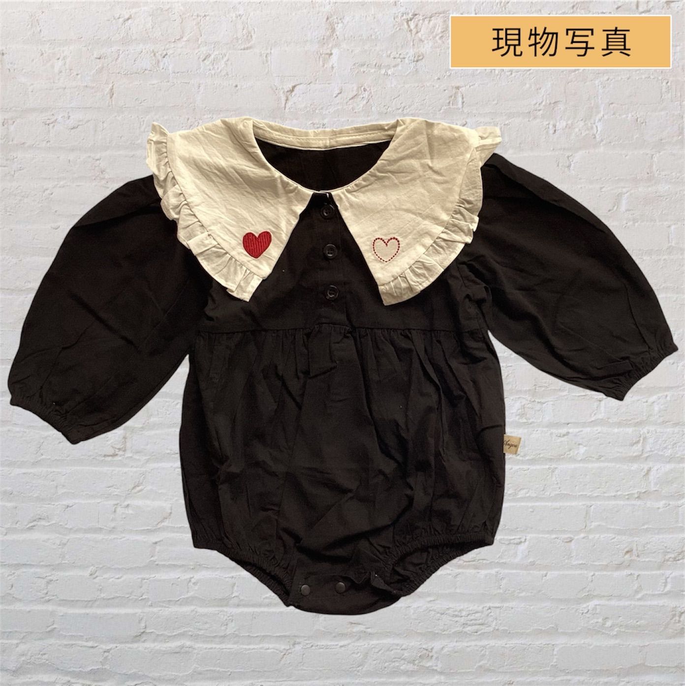 韓国 海外 輸入 赤ちゃん ベビー服 子ども キッズ ワンピース スカート ロンパース おしゃれ襟 レース ハート ブラック 長袖 フォーマル 結婚式 発表会 お宮参り 七五三 百日祝い 記念写真 お出掛け お祝い パーティー 70cm 75cm 80cm