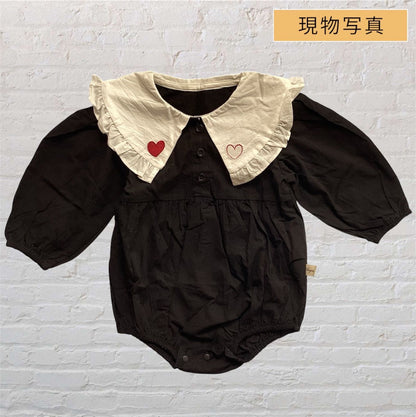 韓国 海外 輸入 赤ちゃん ベビー服 子ども キッズ ワンピース スカート ロンパース おしゃれ襟 レース ハート ブラック 長袖 フォーマル 結婚式 発表会 お宮参り 七五三 百日祝い 記念写真 お出掛け お祝い パーティー 70cm 75cm 80cm