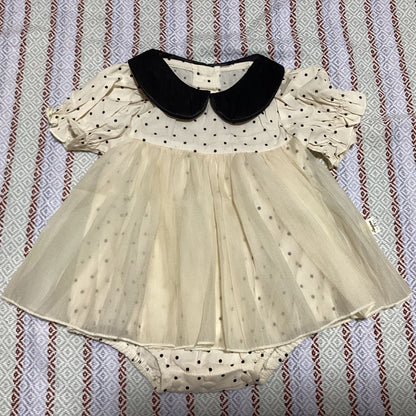 韓国 海外 輸入 ベビー服 赤ちゃん 半袖 ロンパース ワンピース チュール レース ドット柄 水玉 おしゃれ ベージュ フォーマル 冠婚葬祭 結婚式 発表会 七五三 お宮参り 100日祝い 誕生日 パーティー お出掛け 70cm 73cm 75cm 80cm