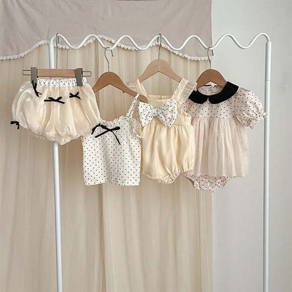 韓国 海外 輸入 赤ちゃん ベビー服 子ども服 キッズ リボン チュール ホワイト 白 レース パンツ ズボン かぼちゃパンツ ショートパンツ 半ズボン ドット柄 水玉 お出掛け 記念写真 記念撮影 おしゃれ 誕生日 パーティー 80cm